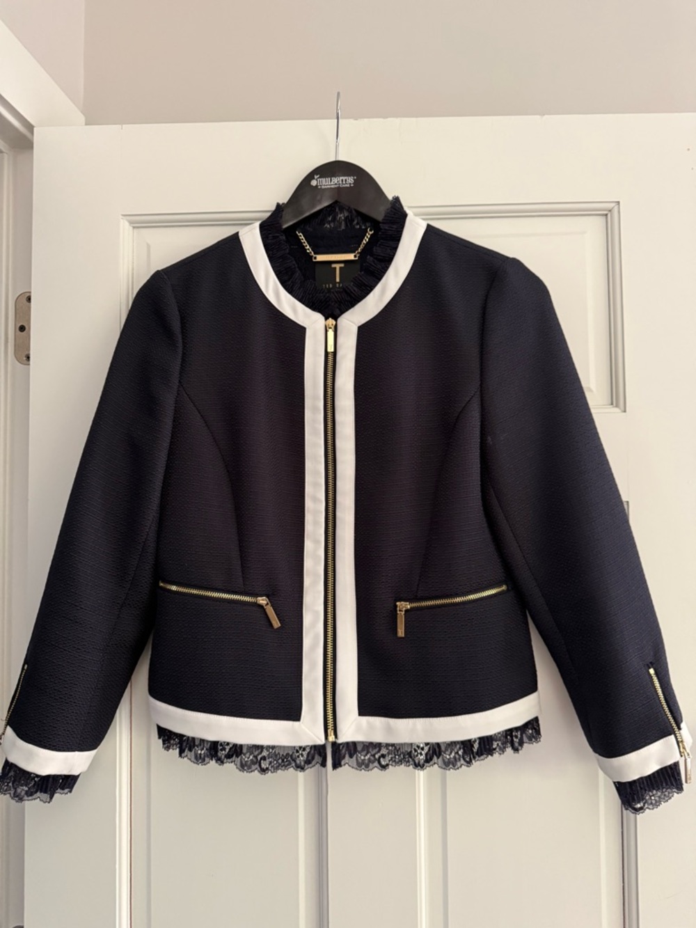 Ted Baker Ennio Navy Jacket with White Trim and Gold Hardware, Size 2